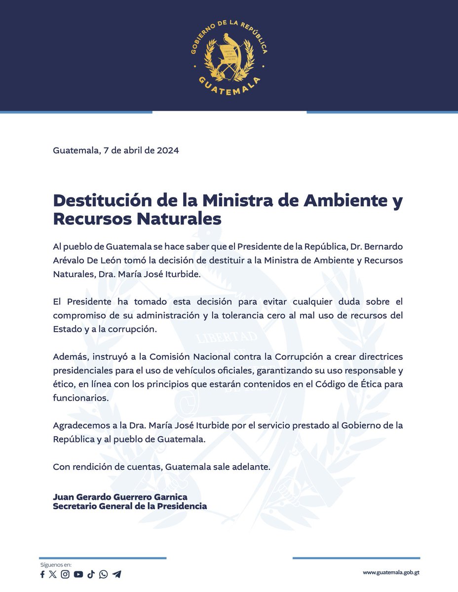 AUNoticiasGT's tweet photo. #URGENTE | A los 84 días de gobierno del presidente Bernardo Arévalo, se da la primer destitución  en la cartera de Ambiente y Recursos Naturales. 

#AgenciaUniversitariaDeNoticias #USAC #Noticias #Guatemala #Gobierno https://t.co/3dDxRL9A3P