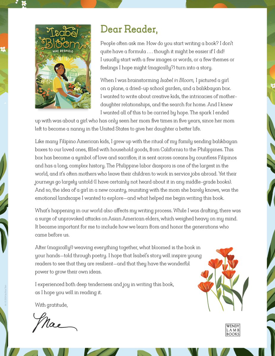 Isabel in Bloom is almost here... on Tuesday, April 9th! This letter gives a peek into the story & my inspirations for the book. 🌺🇵🇭