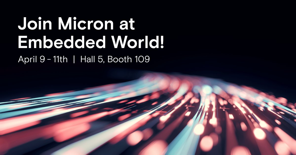 Join us at Embedded World 2024! We'll be showcasing our latest innovations in edge computing and beyond. Connect with our experts, learn about our products, and discover how Micron is transforming information into intelligence. #EmbeddedWorld2024 bit.ly/3vy6m2F