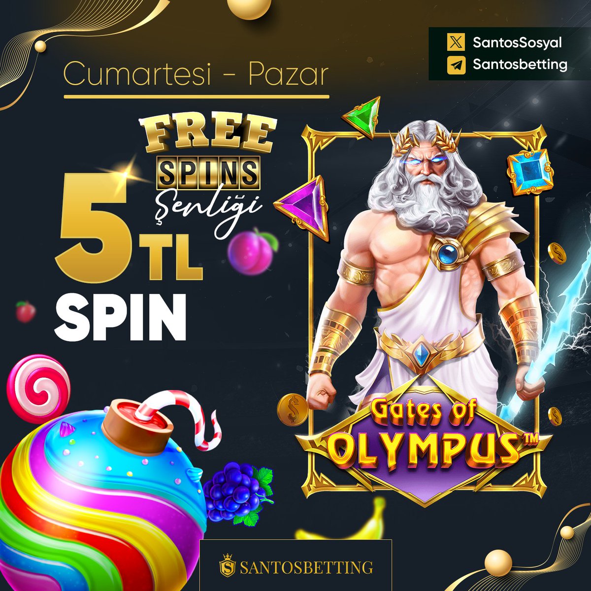 🍭SANTOS BETTİNG'DE FREESPİN ŞENLİĞİ BAŞLADI 🍭 Sweet Bonanza'da geçerli spin değeri 5 TL 🍎100 – 249 TL 10 Freespin 🍉250 – 499 TL 20 Freespin 🔥500 – 999 TL 30 Freespin 💎1000– 2500 TL 30 Freespin 🌐 Giriş Link t2m.io/5FrnhM1