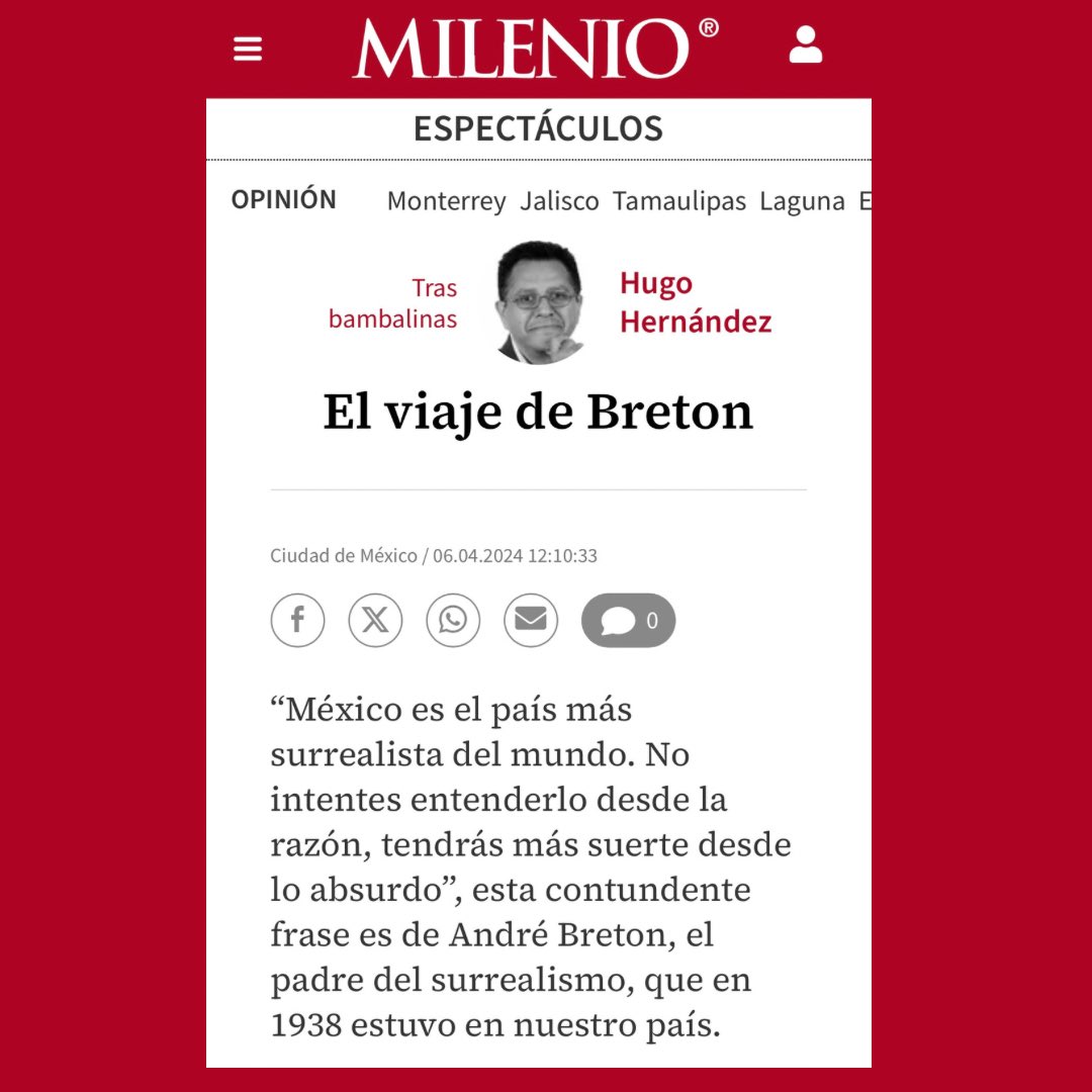 📰 Milenio | “… un montaje alucinante, divertido, pintoresco… surrealista pues, titulado simple y directamente  𝗘𝗹 𝗩𝗶𝗮𝗷𝗲 𝗱𝗲 𝗕𝗿𝗲𝘁𝗼𝗻, cien años de surrealismo”. Gracias Hugo Hernández.

🆕¡Chécala y les esperamos hasta el 14 de abril!
milenio.com/opinion/hugo-h…
