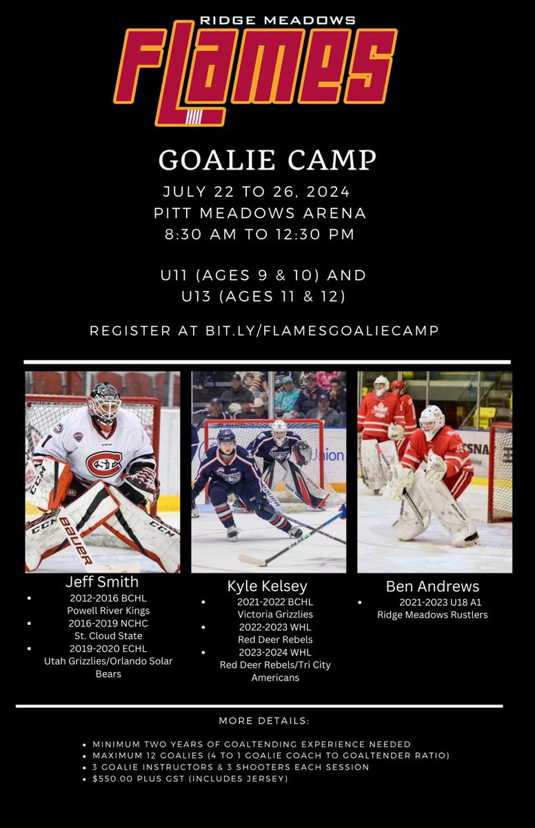 We are hosting a U11 and U13 Goalie Camp on July 22 to 26, 2024.  All the details and to register please click below link: docs.google.com/forms/d/e/1FAI… 🔥🔥🔥🔥