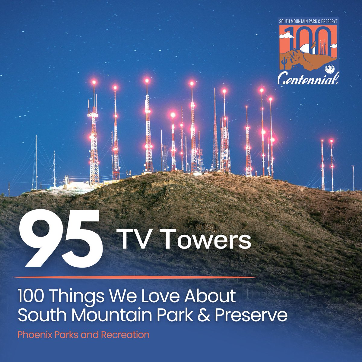Ever wonder about those glowing TV Towers at South Mountain Park & Preserve? They stand tall above the Valley, providing the perfect spot for transmitting television signals for Phoenix from 2,000 feet up! 💡📺 🌵 #southmountain100 #phxparks #phoenixparksandrecreation
