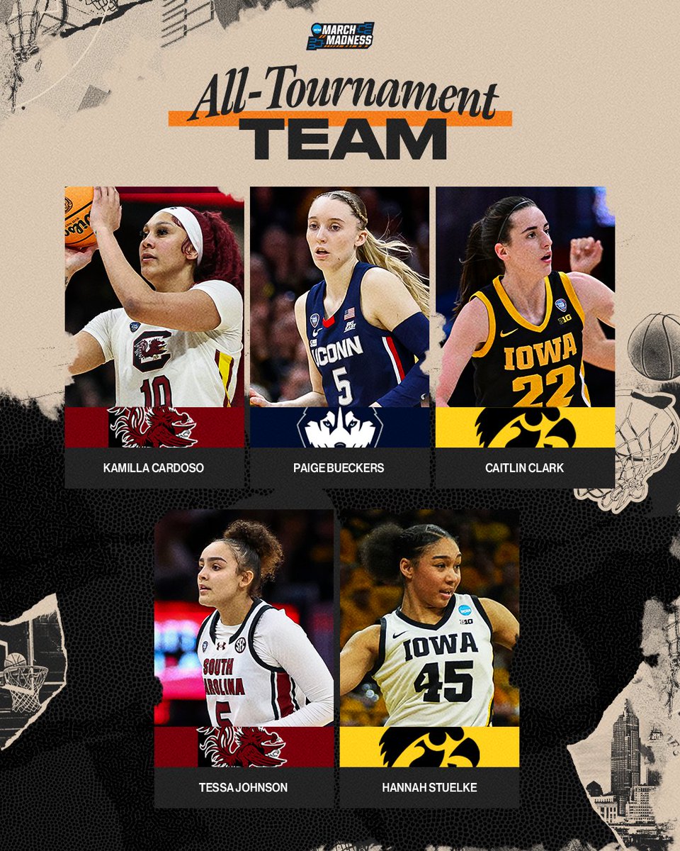 And now your All-Tournament Team 

<a href="/Kamillascsilva/">Kamilla_Cardoso</a> - <a href="/GamecockWBB/">South Carolina Women's Basketball</a> 
<a href="/paigebueckers1/">Paige Bueckers</a>  - <a href="/UConnWBB/">UConn Women’s Basketball</a> 
<a href="/CaitlinClark22/">Caitlin Clark</a>  - <a href="/IowaWBB/">Iowa Women's Basketball</a> 
<a href="/tessajohnsonnnn/">tessa johnson</a>  - <a href="/GamecockWBB/">South Carolina Women's Basketball</a> 
<a href="/StuelkeHannah/">Hannah stuelke</a> - <a href="/IowaWBB/">Iowa Women's Basketball</a> 

#NationalChampionship