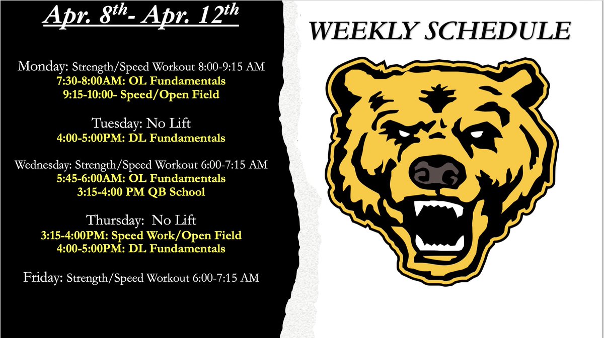 We will lift tomorrow at 8:00 AM since school was canceled. Go Bears