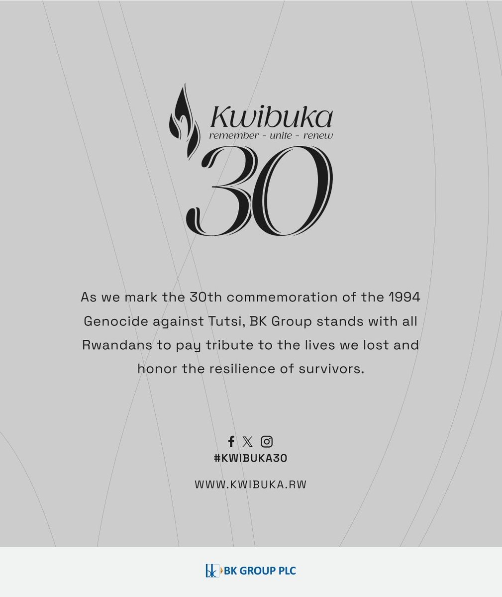 #Kwibuka30: BK Group stands with all Rwandans to pay tribute to the lives lost and honour the resilience of survivors of the 1994 Genocide against the Tutsi.

<a href="/BankofKigali/">Bank of Kigali Official</a> || <a href="/bkinsuranceltd/">BK Insurance</a>