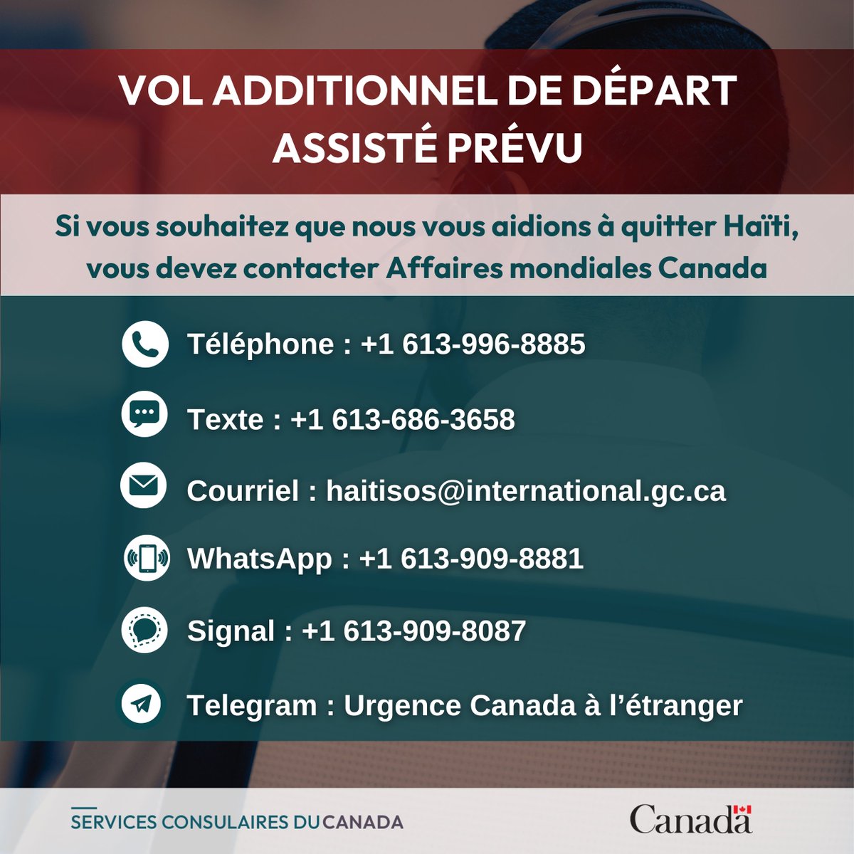 Le Canada planifie un vol additionnel de départ assisté d’ #Haïti cette semaine. Les Canadiens, résidents permanents et les membres de leur famille admissibles qui veulent quitter Haïti doivent nous contactez maintenant : voyage.gc.ca/assistance/ass…
