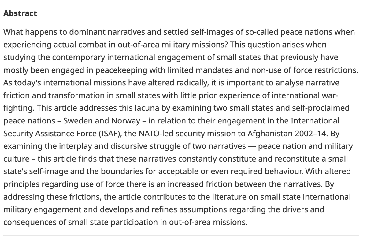 📚🚨 From the archives: 'When peace nations go to war: Examining the narrative transformation of Sweden and Norway in Afghanistan' from Roxanna Sjöstedt and Erik Noreen 🇸🇪 🇳🇴🇦🇫 👉 Read here: cambridge.org/core/journals/… #EJIS @MYBISA @lunduniversity @UU_University