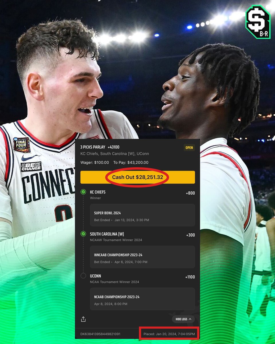 UCONN NATTY WIN AWAY FROM $43K 🤯￼

This bettor has been waiting to cash this futures parlay since January... 

Cash out for $28K or let it ride? 👀

(via <a href="/svyhanek1475/">Spencer Vyhanek</a>/<a href="/DKSportsbook/">DraftKings Sportsbook</a>)
