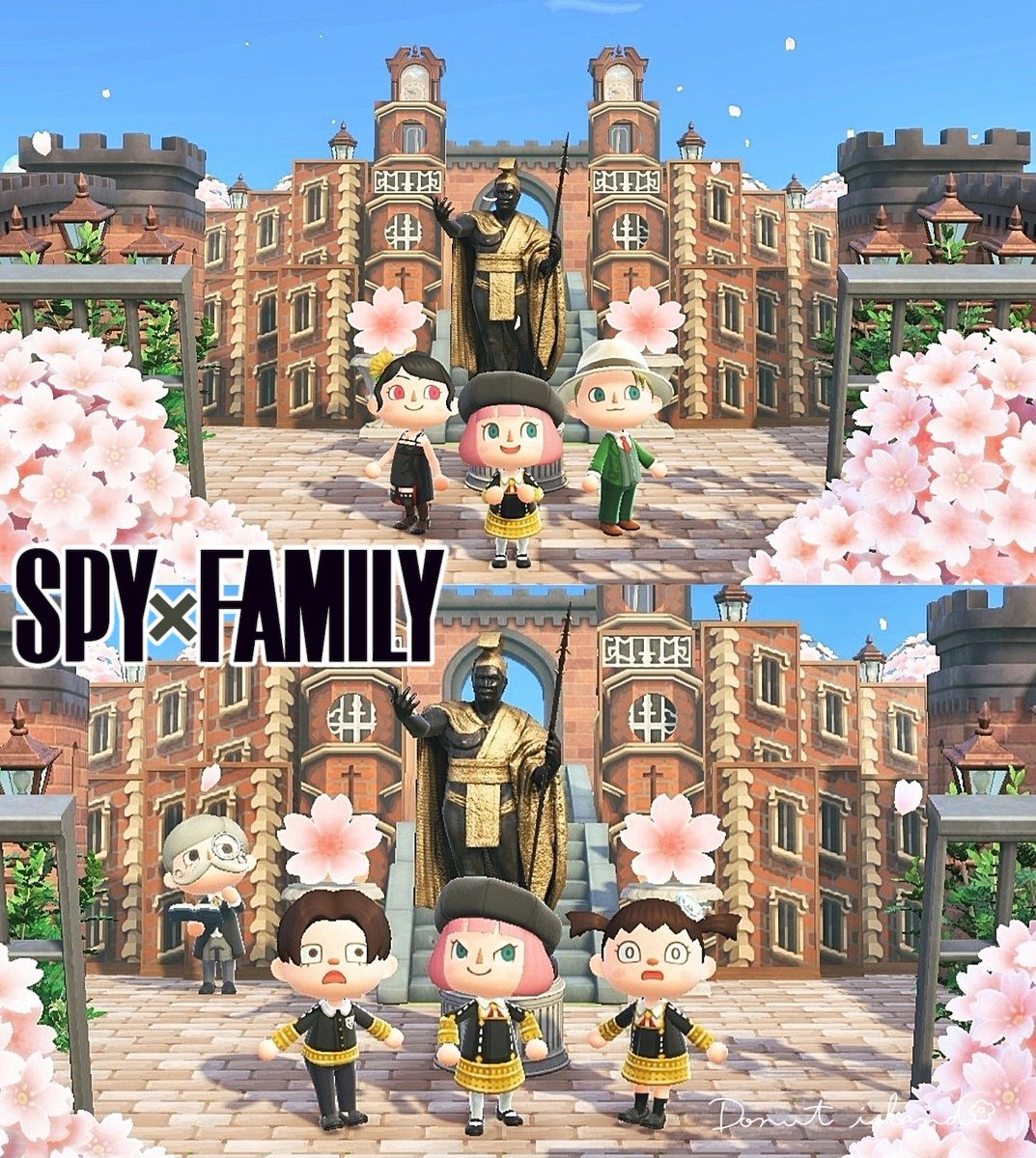 ⟬🥜SPY×FAMILY🌸⟭ スパイファミリーより、アーニャの入学式をイメージしてイーデン校を作りました🏫🌸 新生活を送る方に素敵な出会いがたくさん訪れますように🙌🏻𓂃˚‧ (学校の参考画像はツリーに↓) #あつ森 #ACNHDesigns #SPYFAMILY #スパイファミリー #イーデン校 #入学式 #ドーナツ島2024