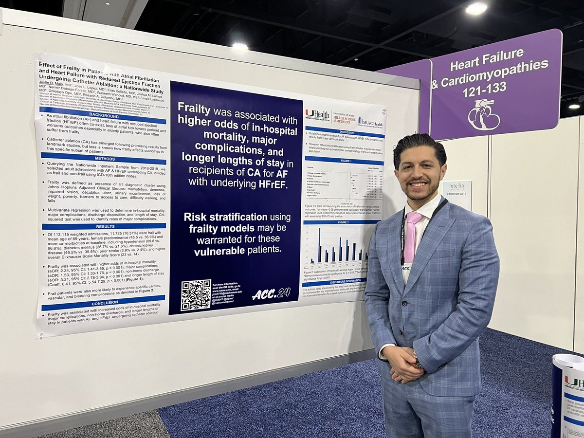 Justin Mark, M.D. (@justinmarkmd) on Twitter photo Presenting our work at #ACC24
Frailty was associated with poorer in-hospital outcomes including mortality in patients with HFrEF undergoing catheter ablation for AFib. Manuscript coming soon.
<a href="/jllbmd/">Jose L. Lopez, MD</a> <a href="/waseemwahood/">Waseem Wahood, MD, MS</a> <a href="/russcolombomd/">Rosario “Russ” Colombo, MD, FACC</a> <a href="/CarlosAlfonsoMD/">Carlos E Alfonso, MD FACC FSCAI</a> <a href="/DrDamluji/">Abdulla A. Damluji, MD, PhD</a> Presenting our work at #ACC24
Frailty was associated with poorer in-hospital outcomes including mortality in patients with HFrEF undergoing catheter ablation for AFib. Manuscript coming soon.
<a href="/jllbmd/">Jose L. Lopez, MD</a> <a href="/waseemwahood/">Waseem Wahood, MD, MS</a> <a href="/russcolombomd/">Rosario “Russ” Colombo, MD, FACC</a> <a href="/CarlosAlfonsoMD/">Carlos E Alfonso, MD FACC FSCAI</a> <a href="/DrDamluji/">Abdulla A. Damluji, MD, PhD</a>