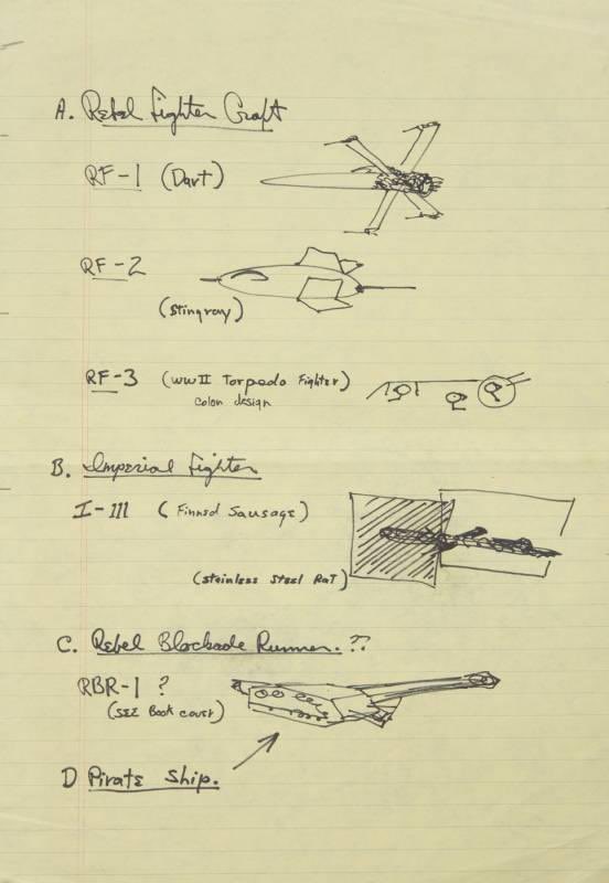 Late-1974 George Lucas sketches given to #StarWars ship designer Colin Cantwell including a “finned sausage” Imperial fighter, later the TIE fighter, inspired by Eddie Jones’ The Stainless Steel Rat cover.