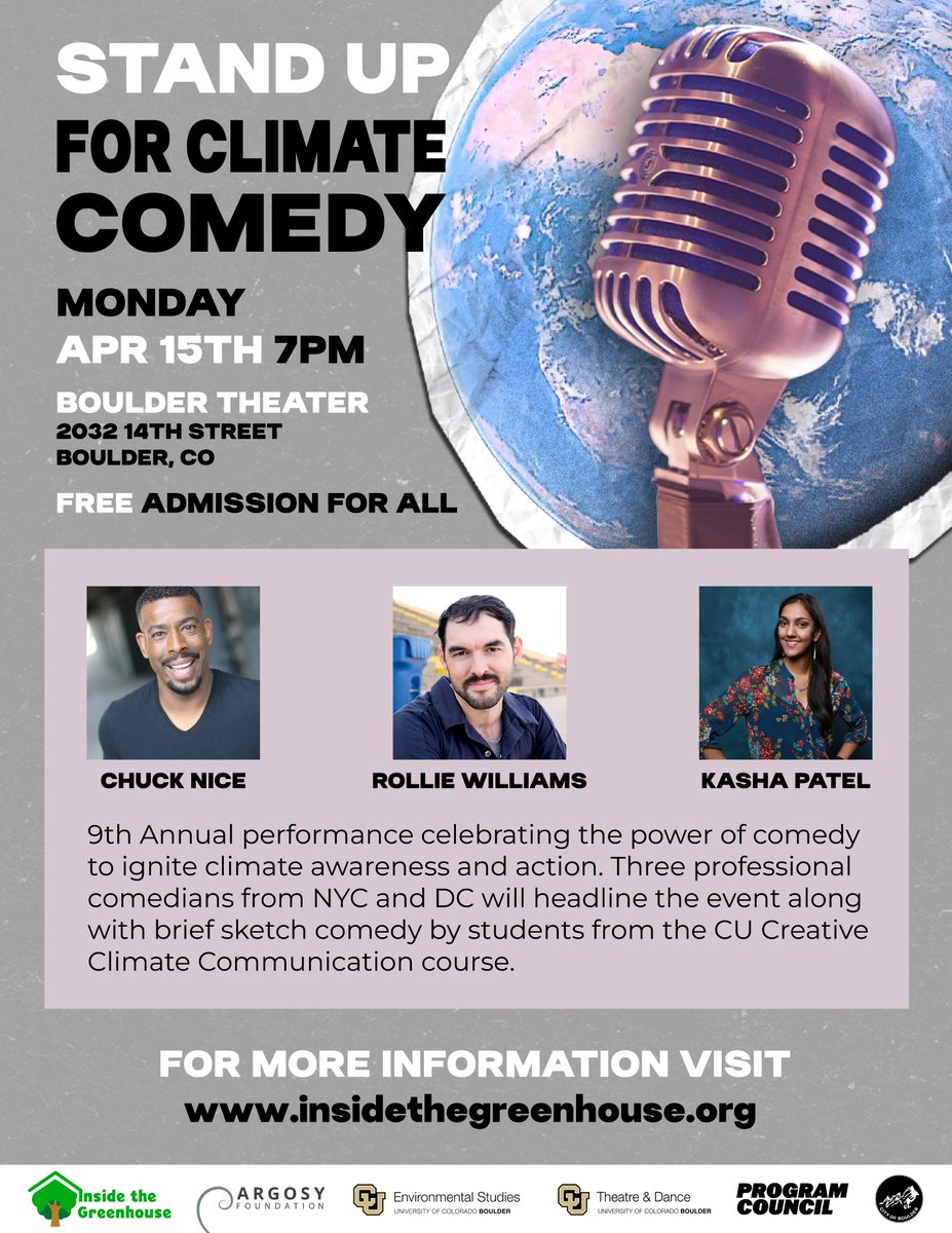 Ready to laugh & save the planet? 🌍😂 Join us for the 9th Annual Climate Comedy Show with @chucknicecomic, @RollieWilliams, & @KashaPatel 🎤💚 A night of fun & awareness awaits! #ClimateComedy2024 #upwithhope #Boulder