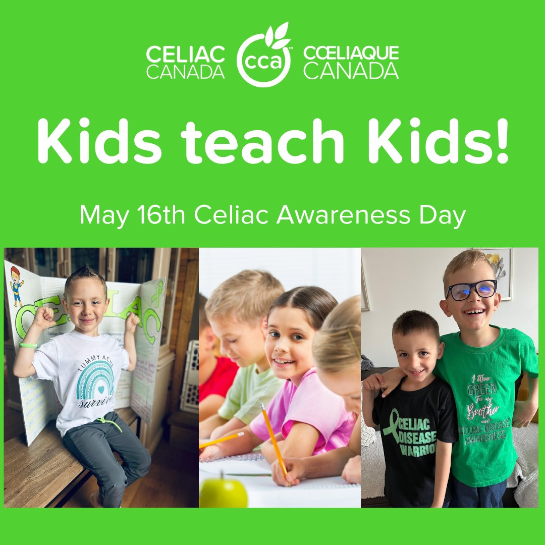 Sign your kids up for Kids Teach Kids. Ask the class to wear green to show support, use educational tools to explain celiac and get gluten-free brownies for all the kids to share, sponsored by O’Doughs! Learn more celiac.ca/kids-teach-kid… #CeliacAwareness #KidsTeachKids