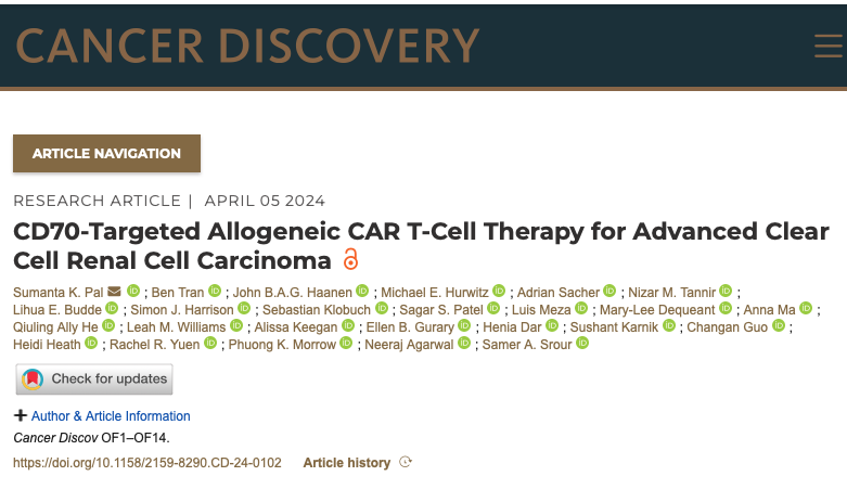 Just Out at #AACR24 🇺🇸 Study reveals promising strides in combating clear cell renal cell carcinoma (ccRCC) using cutting-edge CAR T-cell therapy. ✅CTX130, a novel CAR T-cell product targeting CD70, showcased impressive preclinical efficacy, achieving disease control in 81.3%
