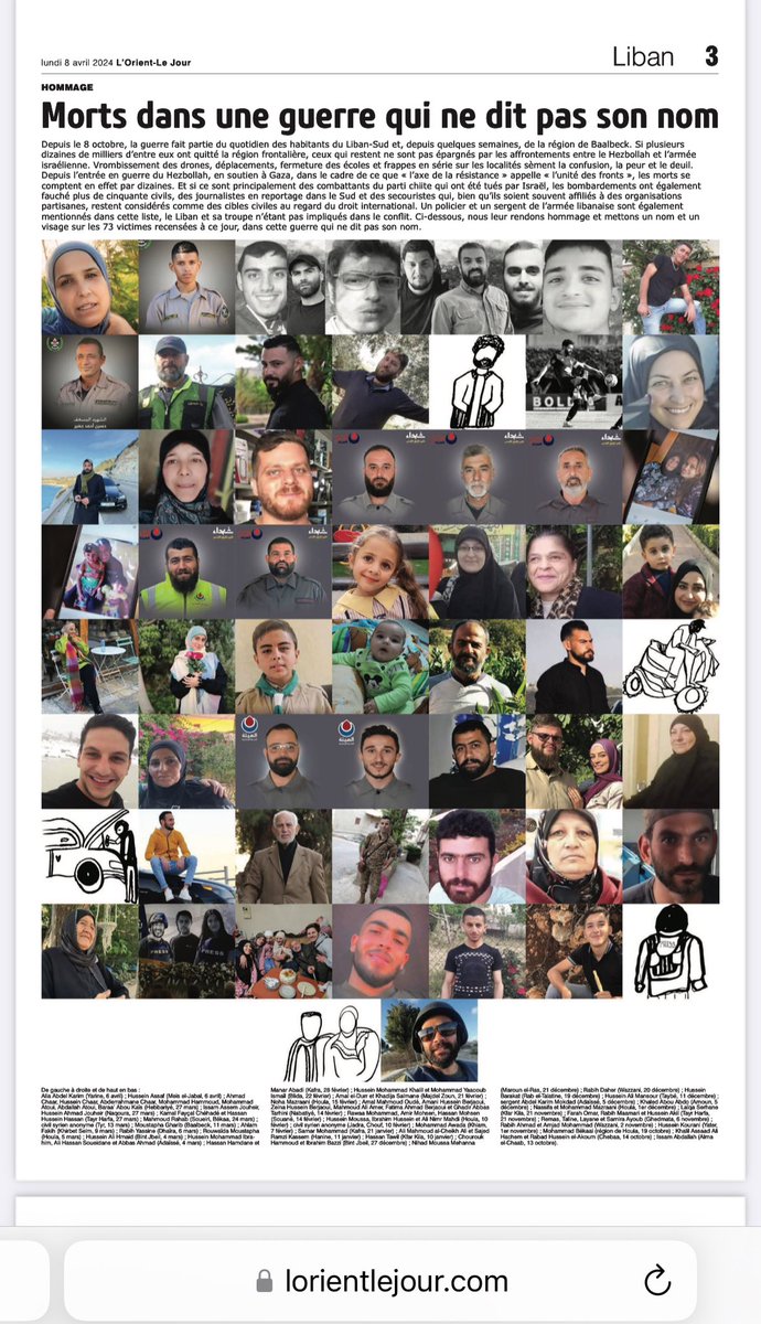 🇱🇧@LOrientLeJour a décidé de rendre hommage aux victimes civiles en mettant un nom et un visage sur les 73 personnes victimes des frappes israéliennes, dans cette guerre qui ne dit pas son nom: journalistes en reportage au Sud Liban, secouristes, soldats de l’armée libanaise…🕯️