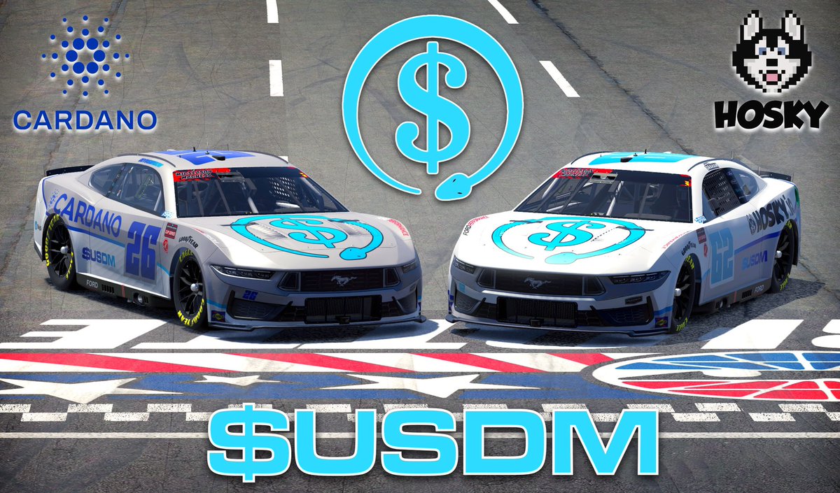 A full night of celebration as @JaymeD_G will pilot the $USDM/#Hosky #MeS Dark Horse while @dsmrekar26 will sport $USDM/#Cardano in Tuesday’s crown jewel event, the @ASRAiRacing @Cardano 300 from Charlotte Motor Speedway! ▶️ - RaceDay Live at 9PM ET (youtube.com/@RaceDayiRacing)