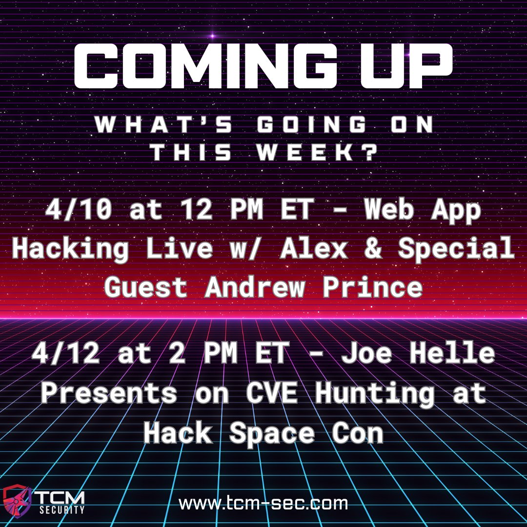 Here's your preview of what we have going on this week, from our web app hacking/AMA livestream with @appSecExp and special guest Andrew Prince to our appearance at @HackSpaceCon. Don't let the Sunday scaries get you down; there's plenty to look forward to these next few days.