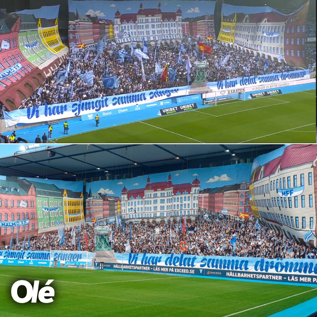 BANDERA DE LA PLAZA Y UN EFECTO 3D IMPRESIONANTE 👏👏 Los hinchas del Malmo 🇸🇪 recrearon la Gran Plaza de la ciudad con varias banderas y, a golpe de vista, lograron el efecto deseado