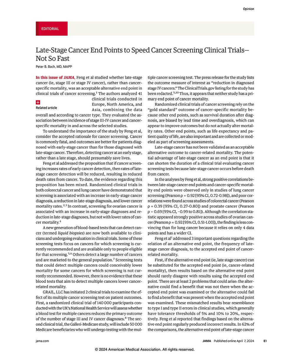 Editorial by @peterbachmd: Late-Stage Cancer End Points to Speed Cancer Screening Clinical Trials—Not So Fast ja.ma/4cMLTHM #AACR24