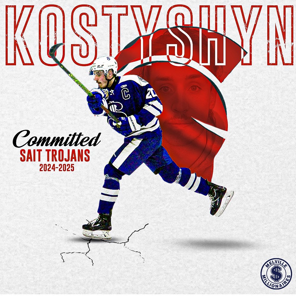 MLVMillionaires's tweet photo. *College Commitment!
Homegrown team captain Payton Kostyshyn has committed to the SAIT Trojans for the 2024/25 season! Payton played 133 games for the Mills compiling 6 goals, 17 assists for a total of 23 points along with 169 PIMS.

#sjhl #cjhl #acac #gomills #collegehockey https://t.co/A3nFeihFXR