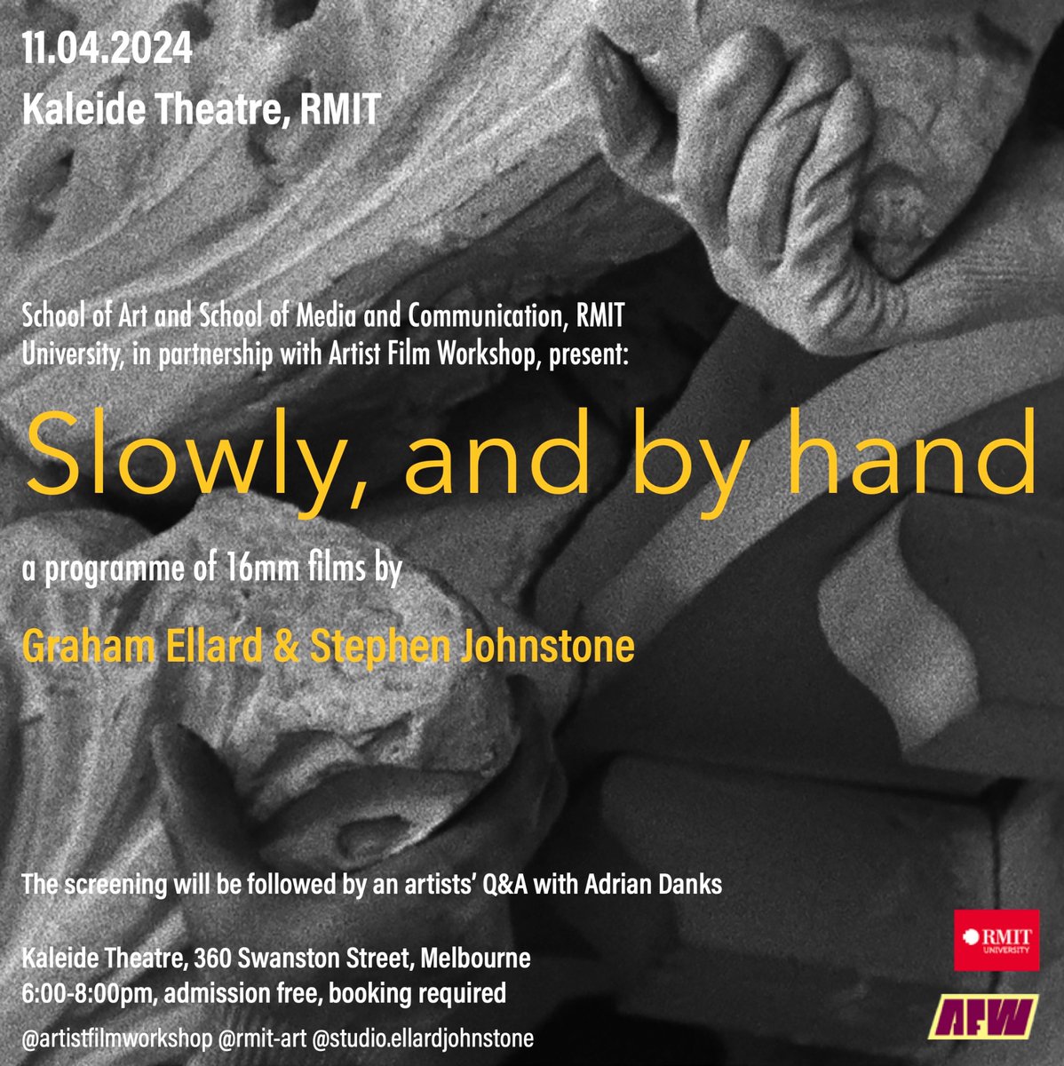 AfwFilm's tweet photo. This THURS 6PM! AFW + RMIT partner to present films by Graham Ellard + Stephen Johnstone (UK). Graham Ellard in attendance. Register now, free admission:
https://t.co/0nkIphRHVE https://t.co/A9ZYi6YVvE