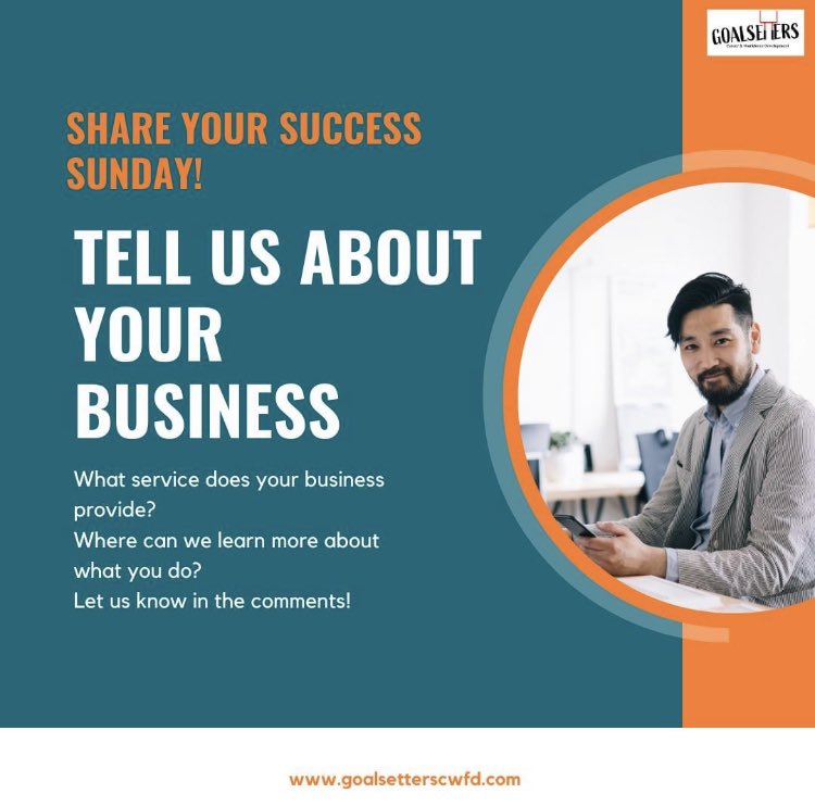 Share your success this Sunday by letting us know what your business does and where we can learn more! 

goalsetterscwfd.com 

#careercoach #businesscoach #hradvisor #resumeservices #goalsetterscwfd #shareyoursuccesssunday