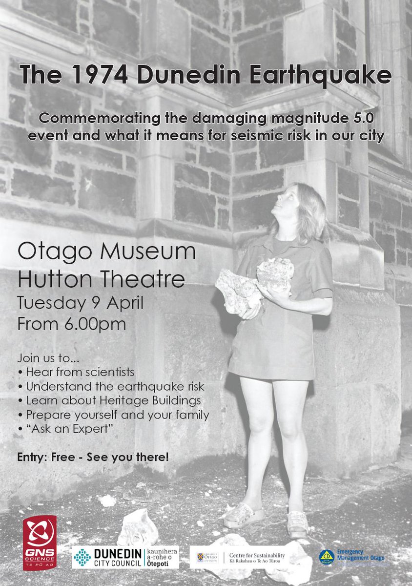 🔔 ON TOMORROW! 9 April in Ōtepoti Dunedin: 🎗️ Commemorating 50 Years Since the Dunedin Earthquake - Public Event

A free, public event will be held in the Hutton Theatre at the Otago Museum, 6 - 8pm, Tues, 9 April 2024.

cc <a href="/COrchiston/">Caroline Orchiston</a> <a href="/gnsscience/">GNS Science Te Pū Ao</a> <a href="/DnCityCouncil/">Dunedin City Council</a>  @DnEmergency