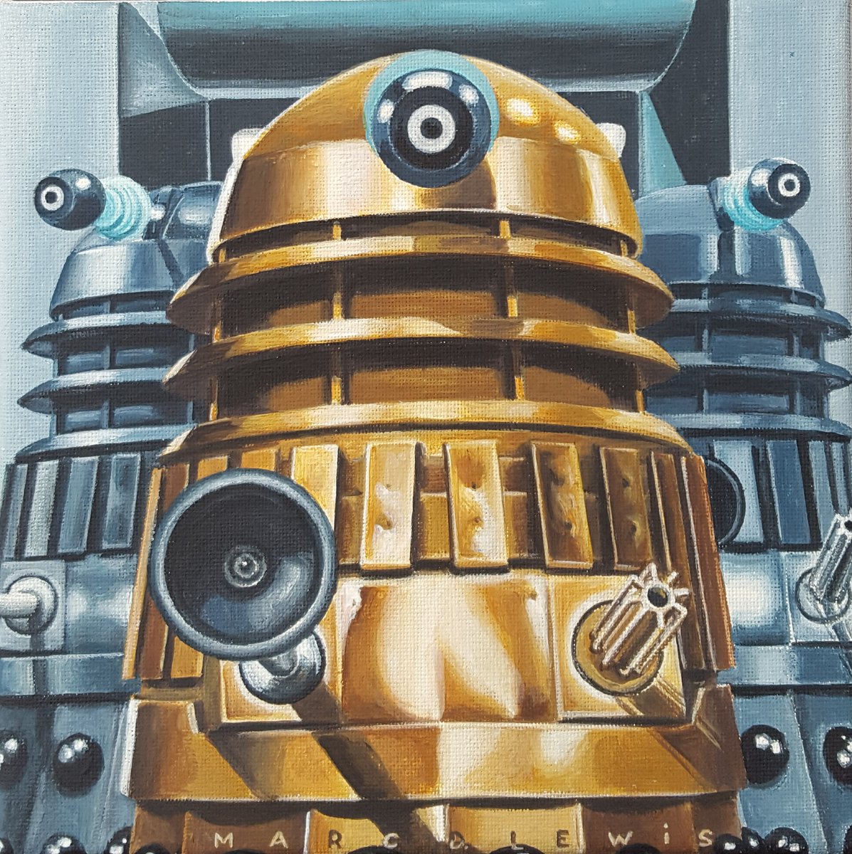 'Whoever is operating the time machine is an enemy of the Daleks. All enemies of the Daleks must be destroyed! Exterminate them!' marcdlewisart.etsy.com #DoctorWho #DrWho #DoctorWhoFanArt #DayOfTheDaleks #CanvasArt #painting #illustration #art