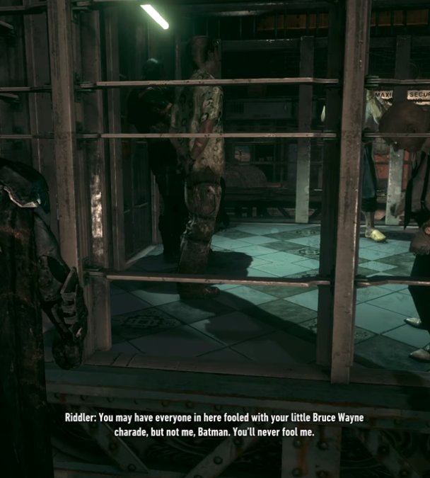 the_whar's tweet photo. In Arkham Origins, you discover that Riddler has Batman's identity narrowed down to either Bruce Wayne or Harvey Dent. And yet, in Arkham Knight, he doesn't believe it when Batman's identity is revealed to be Bruce. This is a subtle reference to the fact that he is stupid. https://t.co/I7OiAAERLO