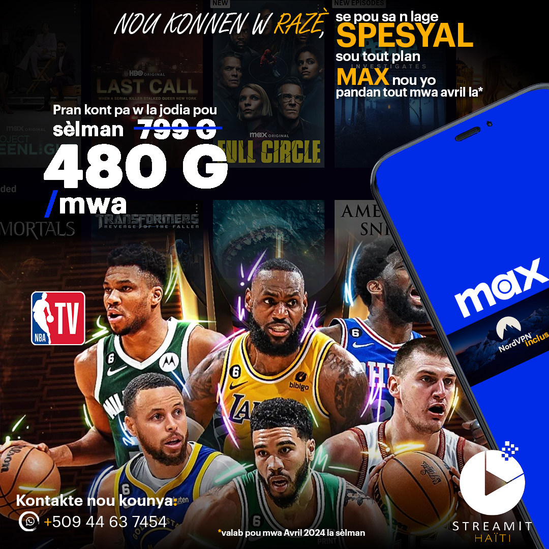 streamithaiti's tweet photo. (HBO) MAX se yon aplikasyon tankou Netflix. Li ba w akse gade plis pase 10 000 fim ak seri 🍿Anplis, w ap ka gade tout match NBA yo an direk !

Sa k pi bel la, N AP TOU BA W YON KONT NORDVPN GRATIS !

Nou konnen w razè💲, se pou sa n lage SPESYAL sou tout plan MAX nou yo 🍿🍾 https://t.co/phpZqyrfNj