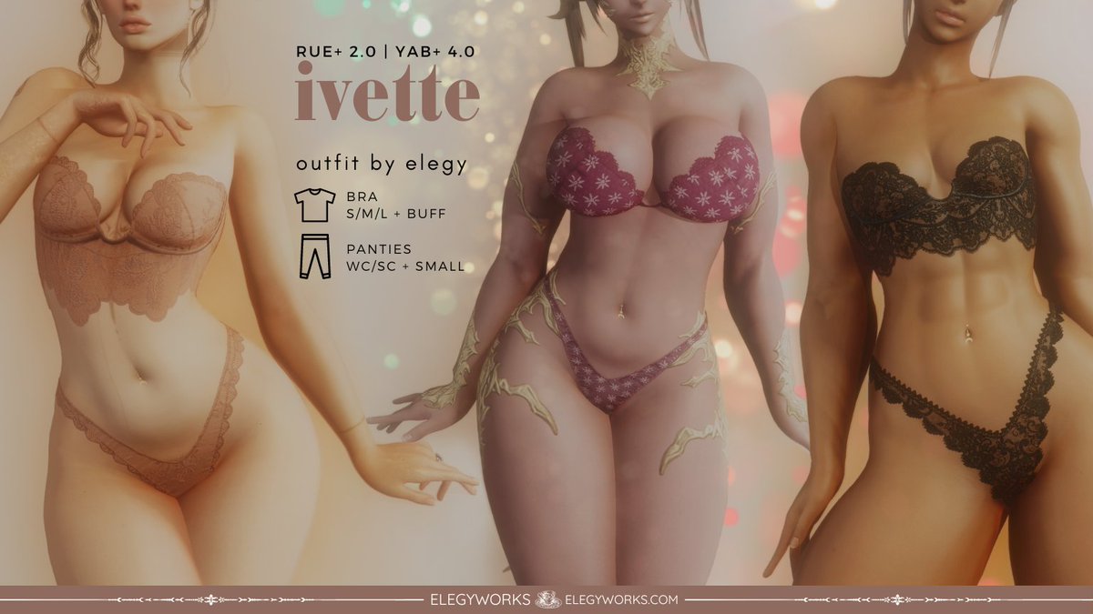 panties & bra are here! i hope you love them as much as I do! 🥹 -all YAB/RUE sizes (s/m/l+buff,w/sc+sm) -11 textures top & bottom -colorset/dyeable -YAB piercing compat (peeks through lace), BPF compat -c+ friendly -cute they are in early access to subscribers/in my store! 💜