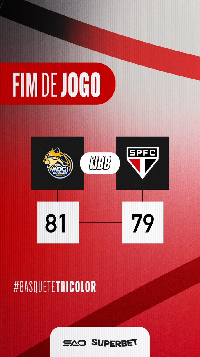 NBB: Fim de jogo: Mogi 81 x 79 São Paulo >> Destaques: - Bennett (31 pontos, 2 rebotes e 3 assistências) - Miller (19 pontos, 5 rebotes e 3 assistências) - Ansaloni (12 pontos, 9 rebotes e 1 assistência) #BasqueteTricolor #VamosSãoPaulo 🇾🇪