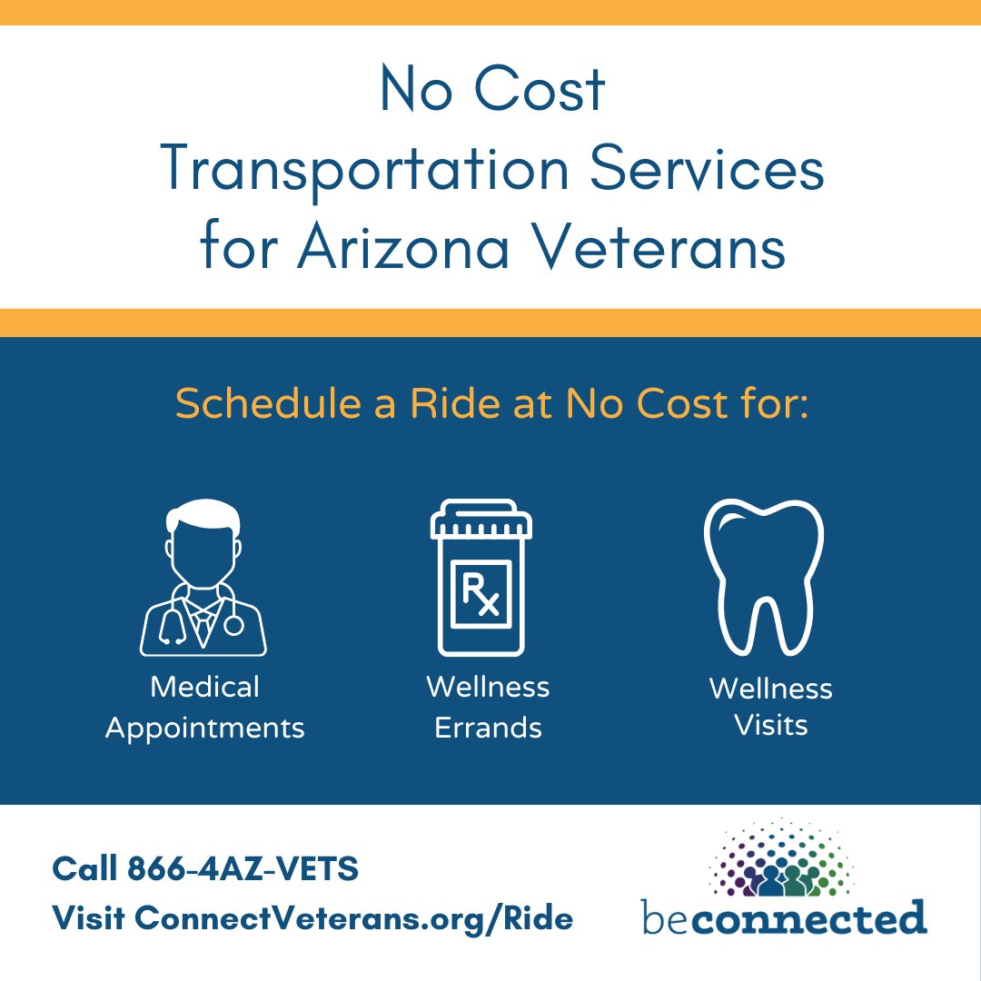 Attention Arizona #Veterans! Need transportation to the VA & other medical appointments or for essential needs? The Be Connected transportation program offers FREE rides. Learn more at ConnectVeterans.org/Ride #AZVets #Veterans