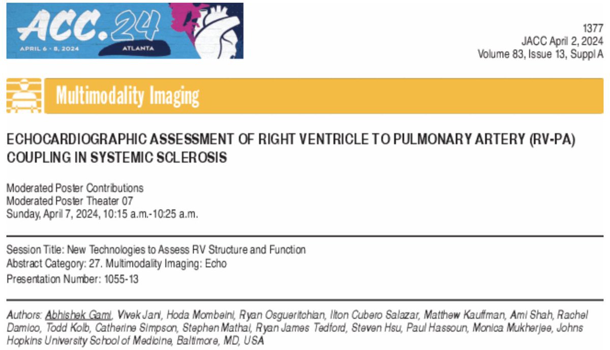 abhigami's tweet photo. Grateful for the opportunity to present on the RV in echo and scleroderma today at #ACC24! Thank you to @MMukherjeeMD for brilliant mentorship and @vivekpjani @HodaMombeini @ryan_vosg for their support! https://t.co/Y4vqpPGf5I