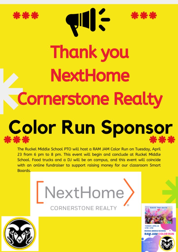 Thank you NextHome Realty for sponsoring the Ruckel Color Run.