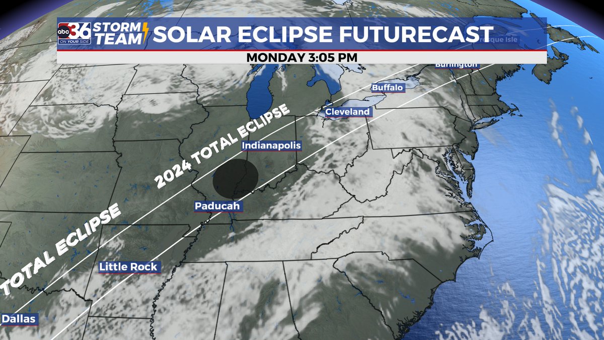 SOLAR ECLIPSE FORECAST: All eyes are on Monday afternoon as we await the partial social eclipse here in central & eastern KY! Here is the latest run of our Hi-resolution in house model at 3:05pm (max coverage) as it shows some clouds around with more clearing in the west. #kywx