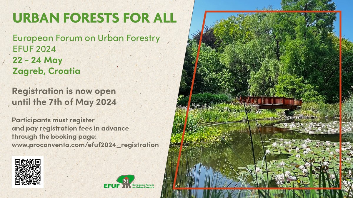 Every day, more people register to participate at #EFUF2024. Register before 21 April to be eligible for the #EarlyBird discounted registration fee. Go to efuf.org/efuf2024_regis… and register for the friendliest #urbanforestry event of the year!