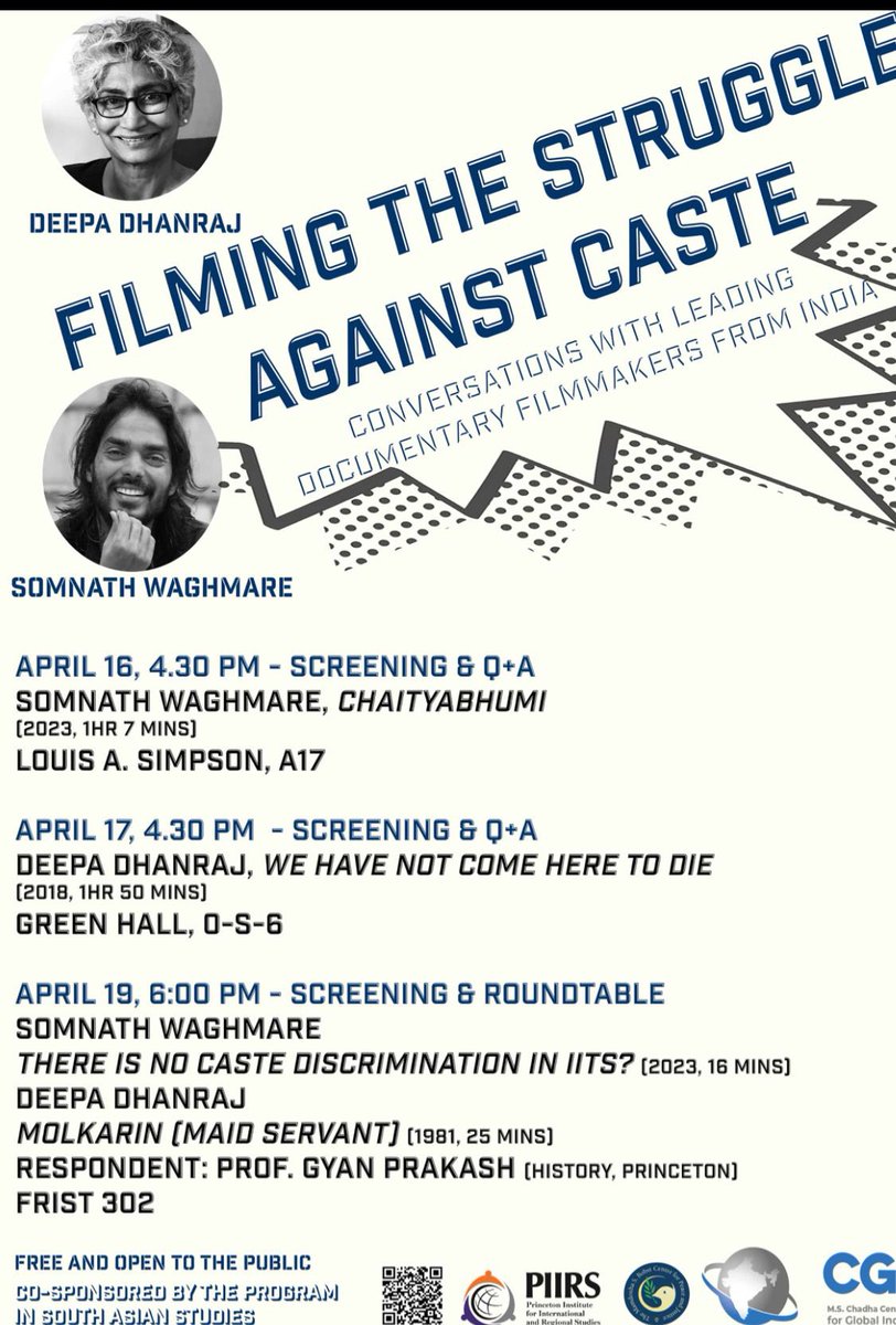 Looking forward to the Conversations with leading documentary filmmakers Deepa Dhanraj and Somnath Waghmare: Filming the struggle Against Caste @Somwaghmare @Princeton