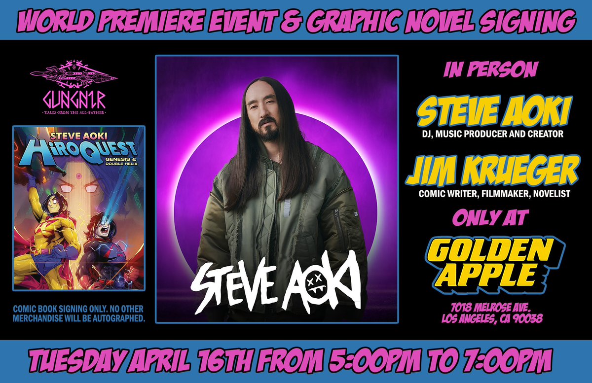 🚨Breaking🚨 

World premiere in-store event with DJ, producer and creator <a href="/steveaoki/">Steve Aoki</a> for the release of all-new HiROQUEST graphic novel and writer <a href="/IMJIMKRUEGER/">Jim Krueger</a> from <a href="/GungnirBooks/">GUNGNIR</a> and <a href="/HiroquestGames/">Hiroquest Games</a> on April 16 from 5 PM to 7 PM. 💥

#steveaoki #hiroquestgenesis
