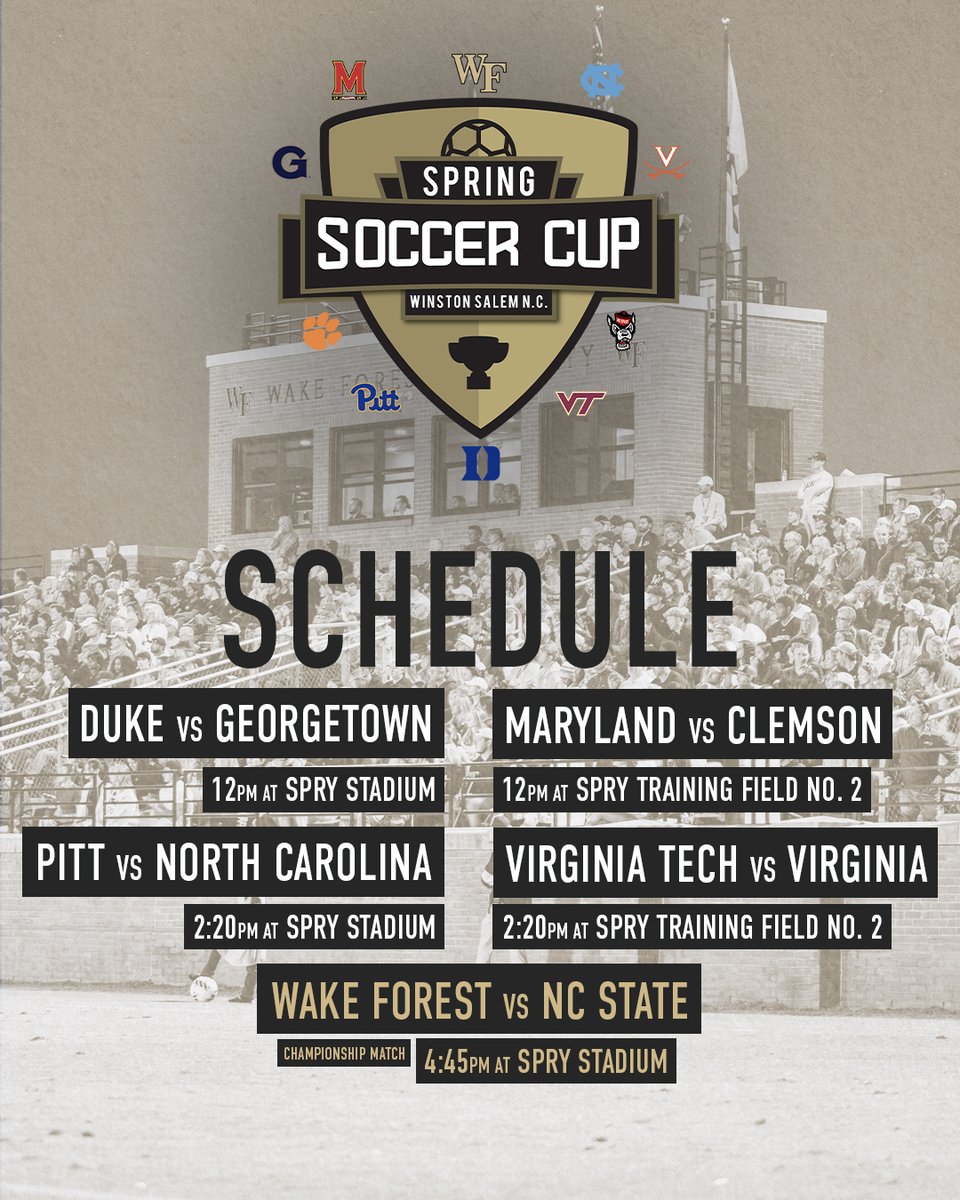 The schedule for the finals of the Spring Soccer Cup is set 🚨

📆 Sunday, April 14 
🏟️ Spry Stadium &amp; Spry Training Field No. 2 
🏆 Wake Forest vs. NC State for the Championship
🎟️ deacs.info/24SpringCup