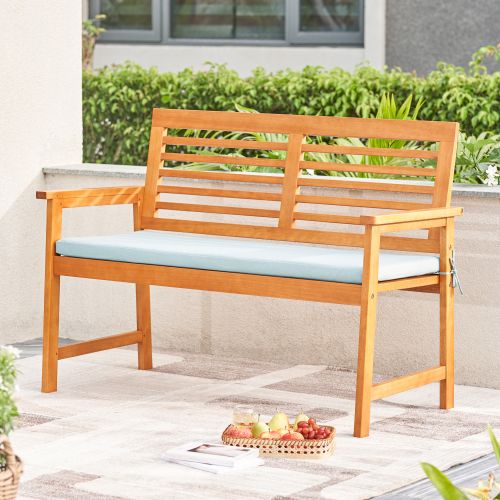 Relax in rustic charm!  Our honey eucalyptus bench with comfy cushion adds warmth & beauty to any patio. Durable wood & weather-resistant fabric make it perfect for enjoying the outdoors year-round. Shop now at sunlitbackyardoasis.com.
#PatioFurniture #GardenVibes #relaxation