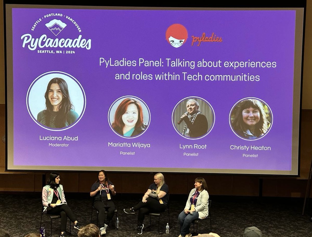 📢 Attention PyCascades attendees!🚀🐍 The #PyLadies Panel has officially started! Join us for an insightful discussion on 'Talking about experiences and roles within Tech communities' and listen to the inspiring voices of these amazing women. Don't miss out!✨👩‍💻🎓 #PyCascades