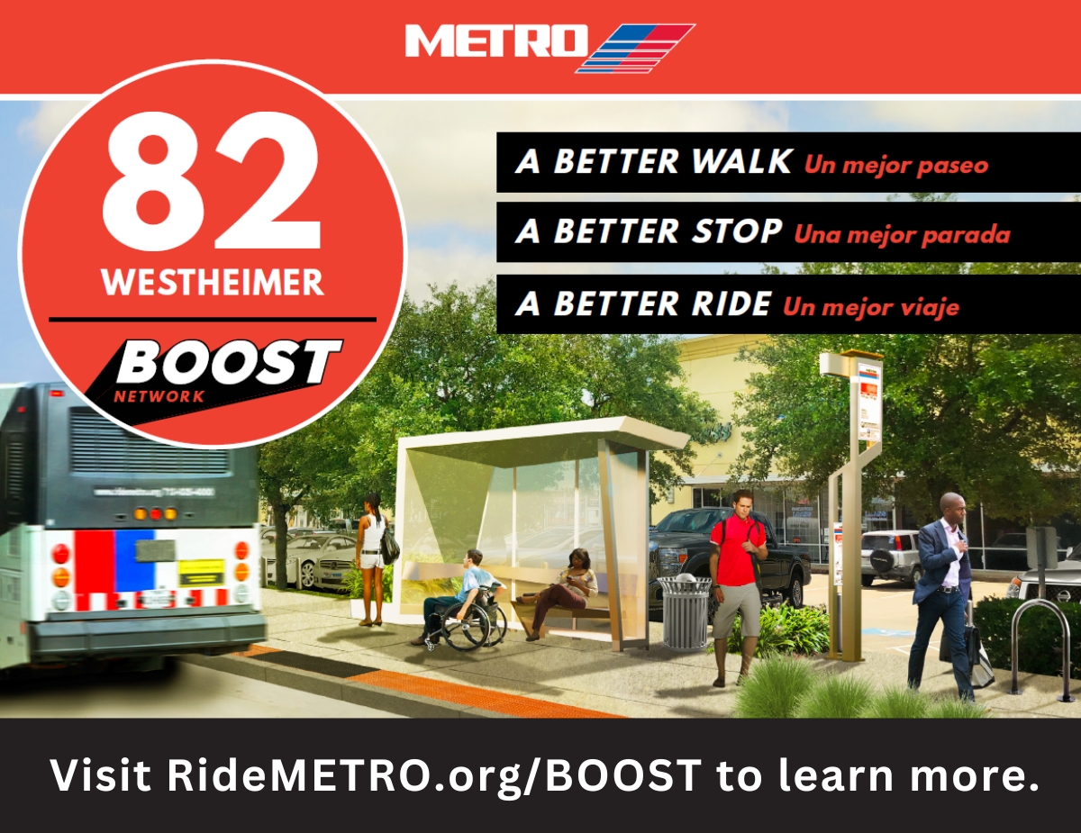 Beginning this month, METRO's 82 Westheimer bus route will get a BOOST! Construction activities will create a series of improvements on Westheimer between 610 and Bagby. Learn more at RideMETRO.org/BOOST. #HoustonMETRO #METROHouston #Westheimer #WestheimerRoad #Houston ^D