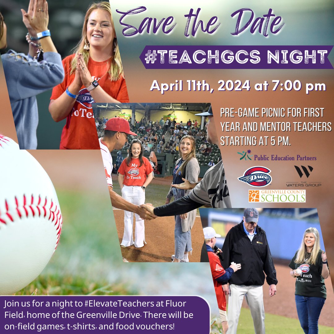 Have you claimed your FREE teacher ticket yet?! Tag a friend who needs to be there, too!⚾️
Thank you to The Greenville Drive for helping us celebrate the teachers of Greenville County Schools!
#elevateteachers #teachgcs #teachgcsnight #yeahTHATgreenville #greenvilledrive