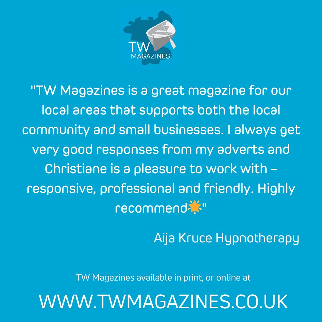 TW Magazine is a great magazine for our local areas that supports both the local community & small businesses. I always get very good responses from my adverts & Christiane is a pleasure to work with responsive, professional & friendly. Highly recommend Aija Kruce Hypnotherapy