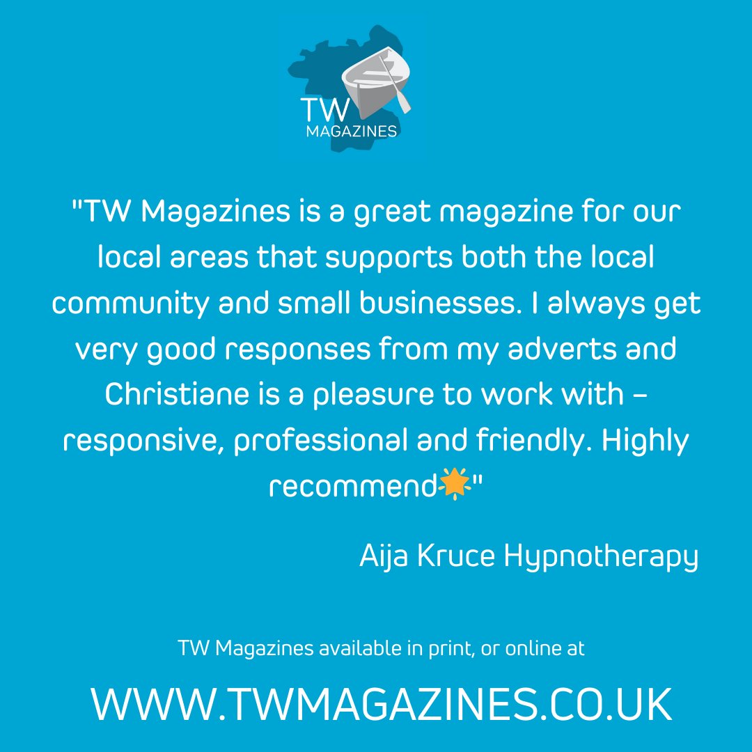 TW Magazine is a great magazine for our local areas that supports both the local community &amp; small businesses. I always get very good responses from my adverts &amp; Christiane is a pleasure to work with responsive, professional &amp; friendly. Highly recommend
Aija Kruce Hypnotherapy