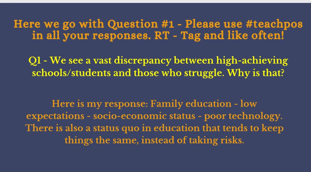 Here we go with Question one. Please make sure you use #Teachpos in all your responses. Tons of new faces tonight.