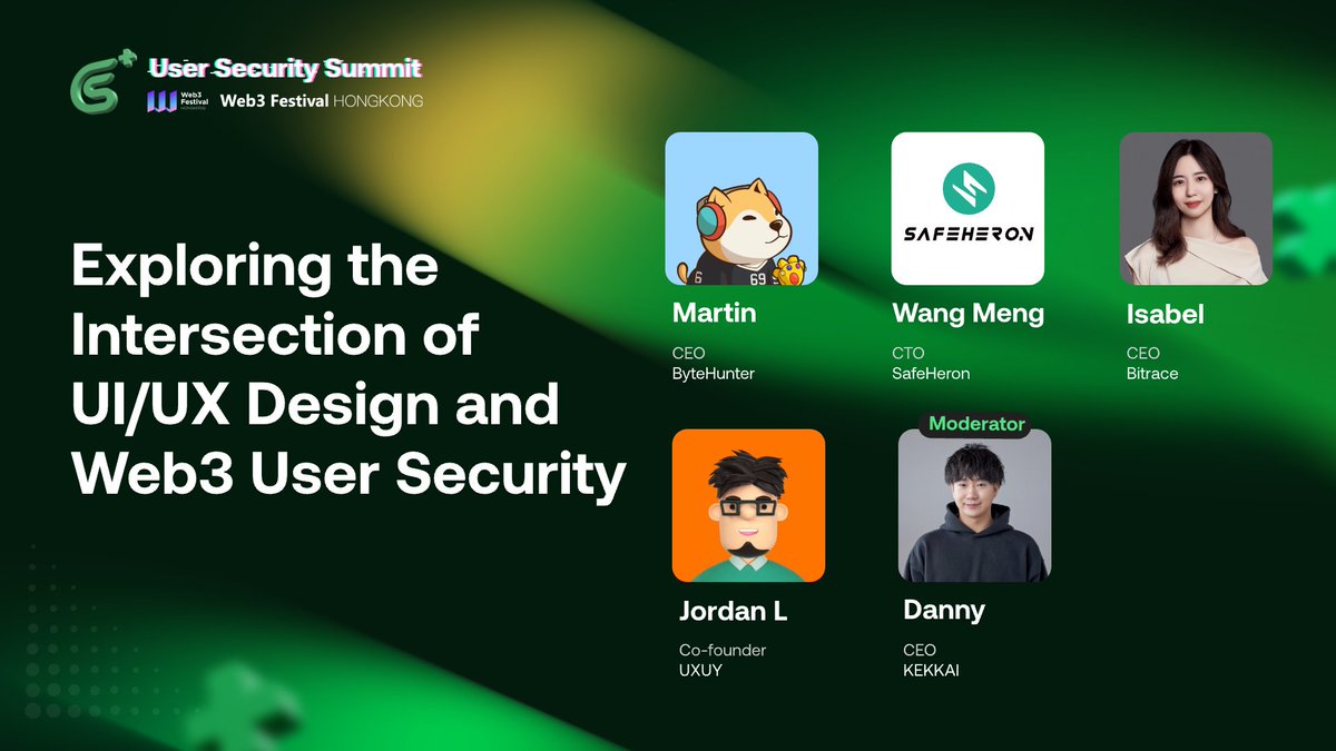 Today is the day of our User Security Summit at @festival_web3 🔥 One of the last panels will be 'Exploring the Intersection of UI/UX Design and Web3 User Security.' Featuring the following big brains🧠 - @0xMartin0307, CEO of @ByteHunter_team - Wang Meng, CTO of @Safeheron