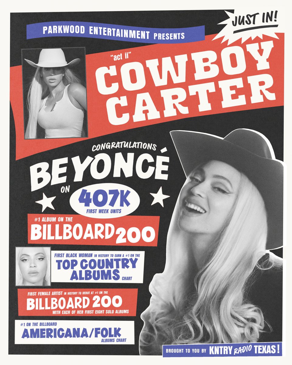 #COWBOYCARTER rides straight to the top! Hats off to @beyonce 🐎